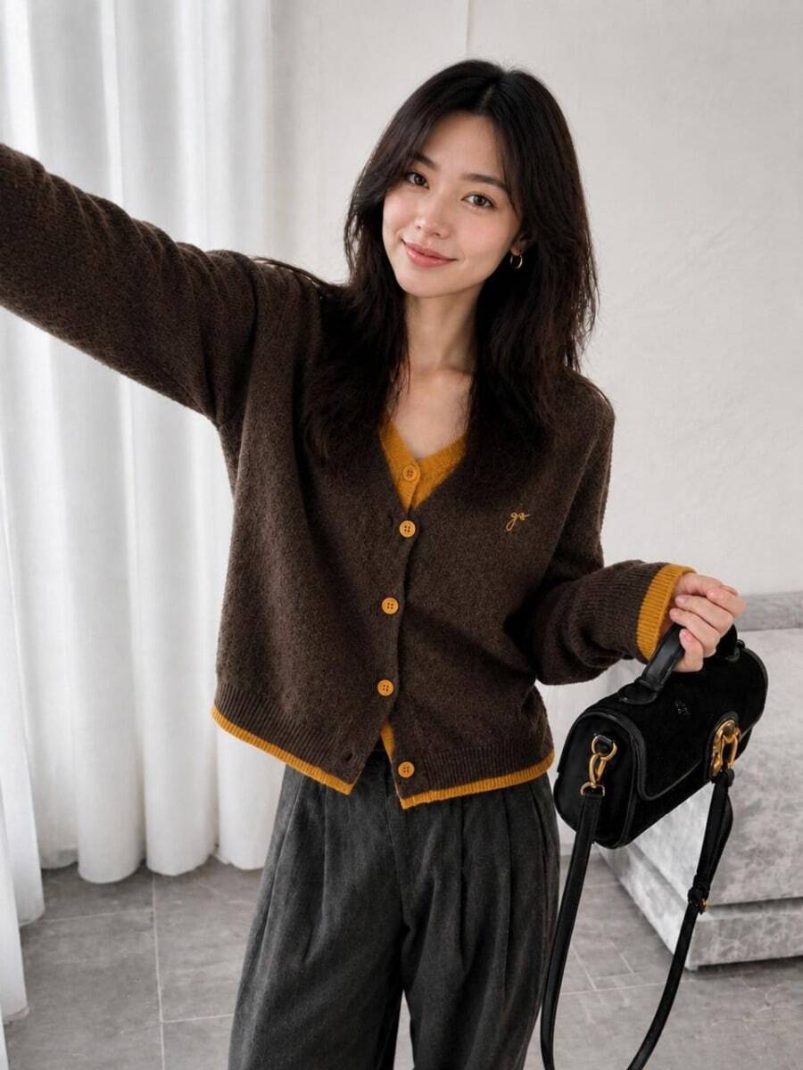 Alicedudu Cardigan Sweater 2-in-1 Leher V Minimalis untuk Wanita Musim Gugur/Dingin - Coffee Brown - View 1