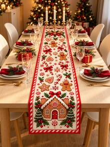 2 Styles Christmas Gingerbread House & Nutcracker Table Runner, Nutcracker Gingerbread House/Gingerbread Candy House Pattern Printed Table Runner, Christmas Dining Table Party Decoration, Long Table Runner - Multicolor - View 2