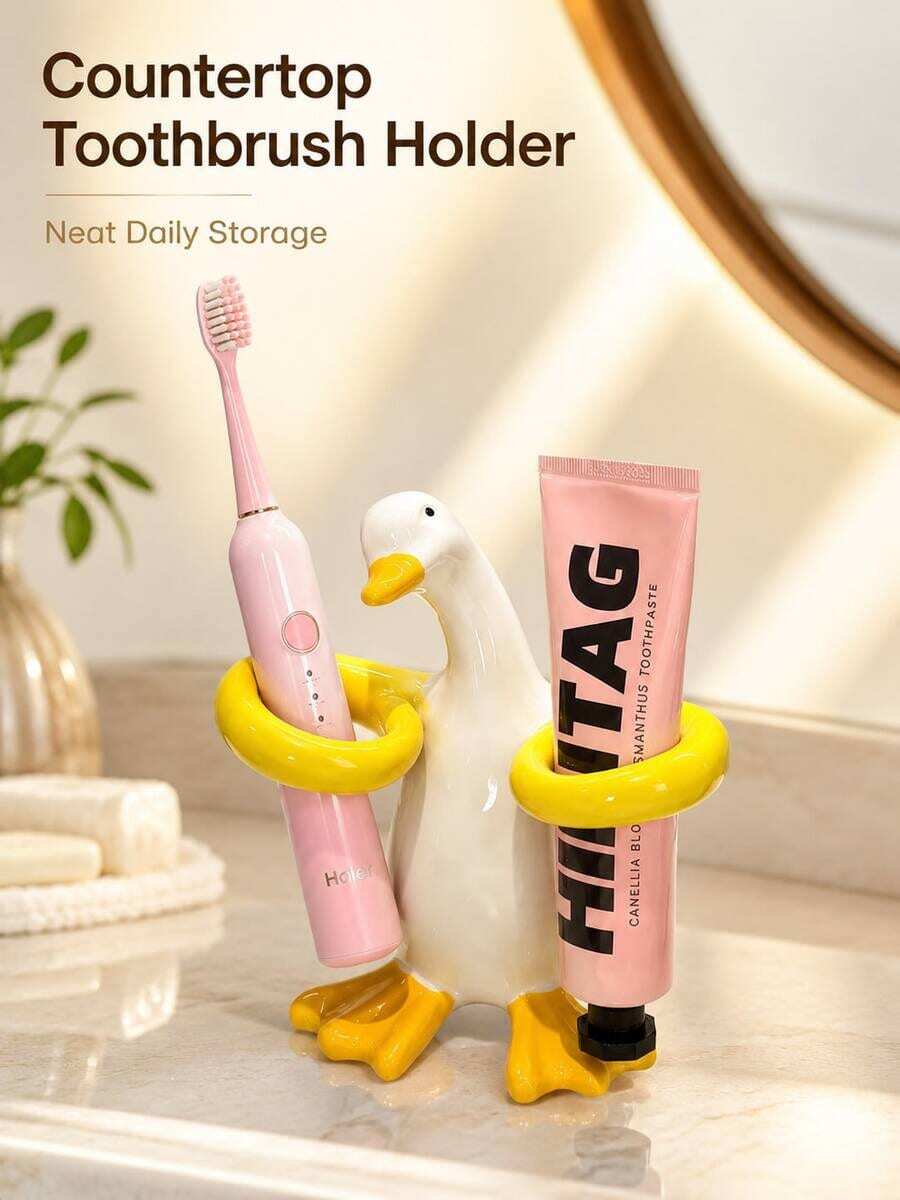 1pc Charming "Hug Duck" Ceramic Toothbrush Holder, Both Toothbrush Storage Rack And Bathroom Countertop Organizer; Its Unique Duck Design Combines Fashion And Functionality, Making It A Versatile And Elegant Accessory For Your Bathroom Vanity. - Multicolor - View 1