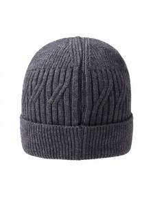 1pc Men's Winter Cable Knit Beanie Hat, Rolled Edge Woolen Cap, Outdoor Warm Elastic Cold Weather Hat, Solid Color Casual Acrylic - A - View 5
