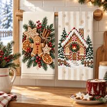 2pcs/Set Christmas Pattern Kitchen Towels, Towel Set, Christmas Gift And Housewarming Gift, Decorative Kitchen Tableware, Dishcloth, Suitable For Dishwashing, Hand Drying, Cleaning And Drying, Countertop Cleaning, Tableware Wiping, Kitchen, Dining Room And Holiday Home Decor, Christmas Decoration - Apricot - View 1