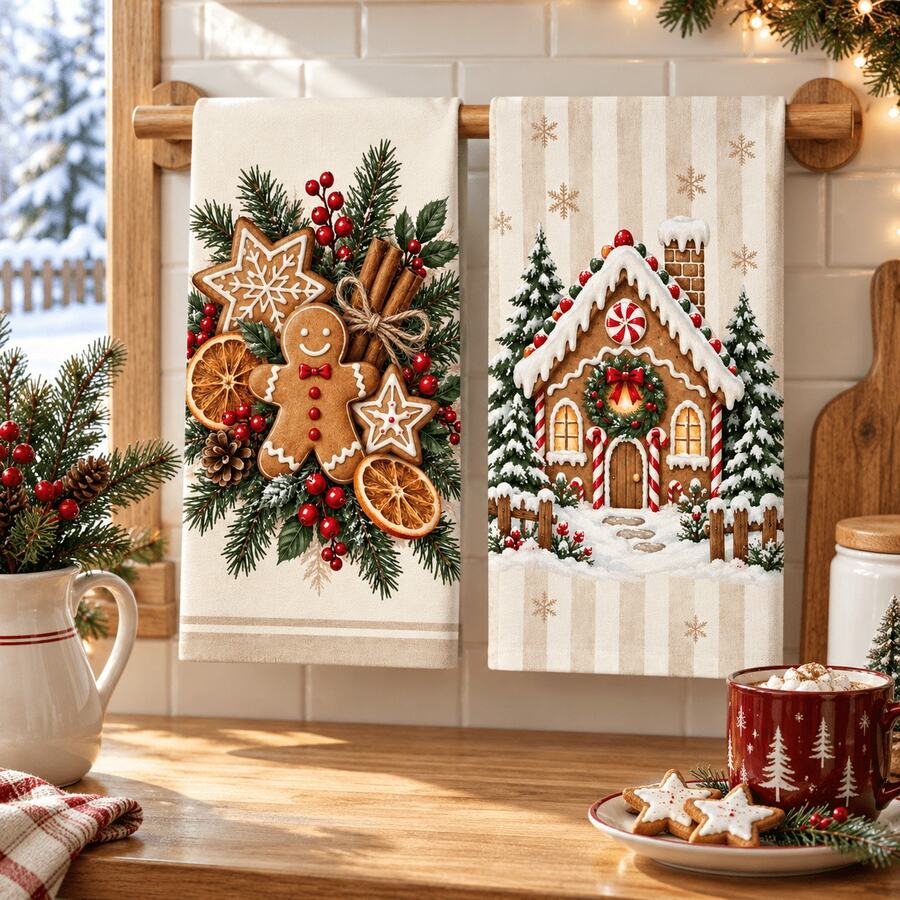2pcs/Set Christmas Pattern Kitchen Towels, Towel Set, Christmas Gift And Housewarming Gift, Decorative Kitchen Tableware, Dishcloth, Suitable For Dishwashing, Hand Drying, Cleaning And Drying, Countertop Cleaning, Tableware Wiping, Kitchen, Dining Room And Holiday Home Decor, Christmas Decoration - Apricot - View 1