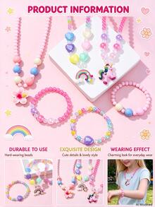 6pcs/Set Kalung & Gelang Liontin Unicorn Bunga Pelangi, Dengan Manik-Manik Warna-warni Acak - MultiWarna - View 10