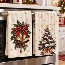 2pcs Christmas Kitchen Hand Towels, Christmas Tree Bell Pine Cone Bow Snowflake Print Towels, Holiday Kitchen Decor, Winter Home Decoration, Christmas Gift Set - Multicolor - View 4