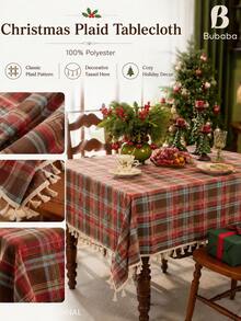 Christmas Plaid Tablecloth With Tassel Fringe, Polyester Rustic Farmhouse Holiday Table Cover For Dining Room Kitchen Christmas Party Decor Christmas Decrotions Christmas Decorations For Home - Red - View 3