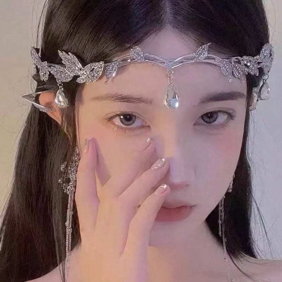 1pc Fashionable Women's Brow Chain, Wedding Party Bride Crown Accessory, Sparkling Material, Delicate Design, Mysterious And Charming, Essential Hair Accessory For Elf Queen Look, Party Photo Focus, Showcasing Unique Charm And Style, Multiple Gemstone Color Options, Halloween Accessory - Multicolor - View 1