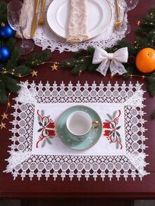 2/4/6pcs Christmas White & Red Embroidered Placemats, Polyester Fiber Rectangular Table Mats, Suitable For Dining Table, Coffee Table, Tea Table, Daily Home Decor, Vase Mat, Wedding, Christmas Holiday Decoration, Holiday Party, Daily Home Decoration - Red - View 3