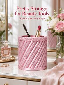 Christmas Cute Diagonal Textured Cylindrical Makeup Brush Holder, Pleated Silk Makeup Cup, Decorative Storage Box For Vanity, Girls Makeup Accessories - Multicolor - View 1