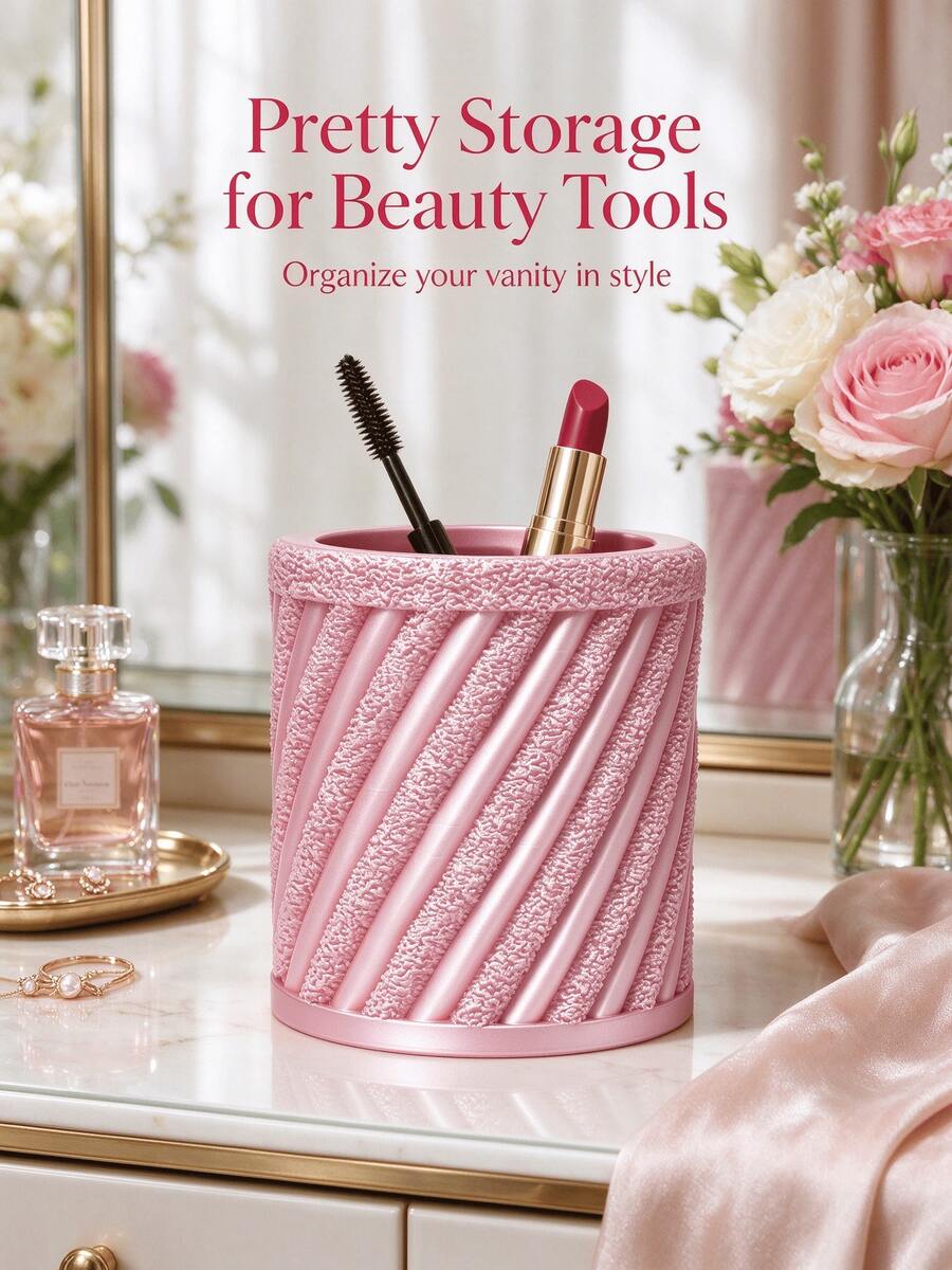 Christmas Cute Diagonal Textured Cylindrical Makeup Brush Holder, Pleated Silk Makeup Cup, Decorative Storage Box For Vanity, Girls Makeup Accessories - Multicolor - View 1