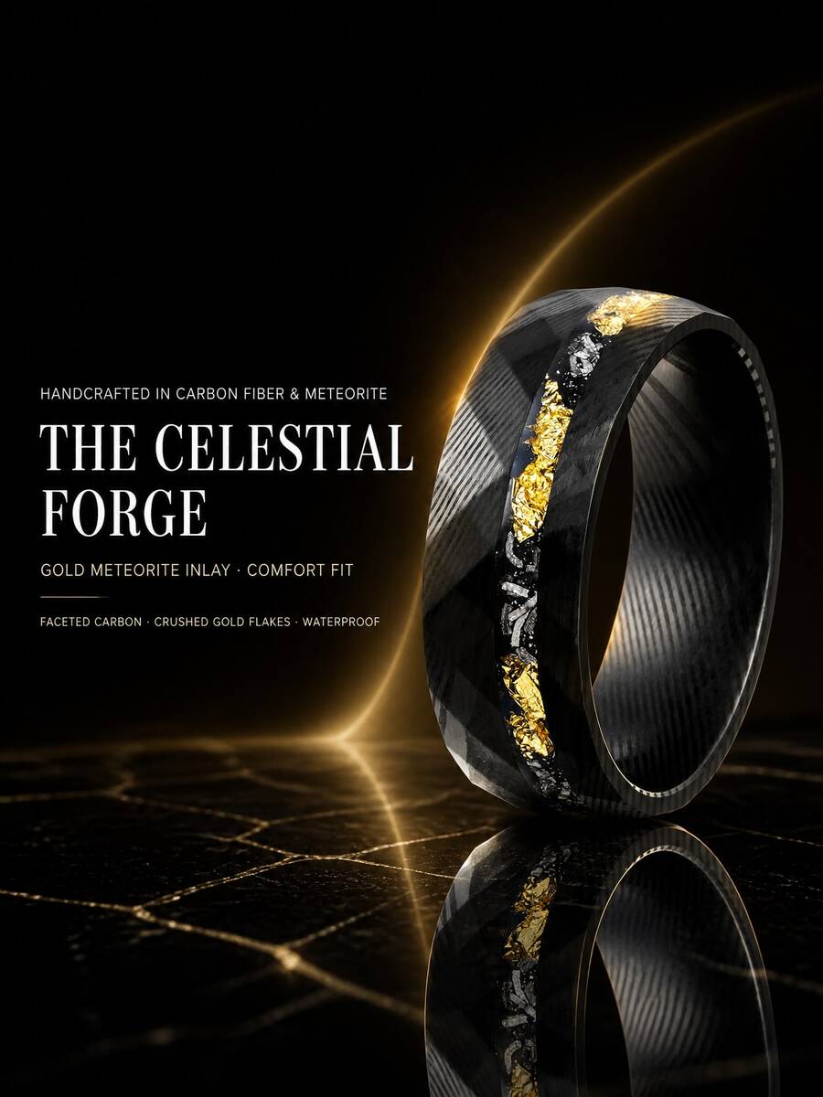 1pc 8mm Damascus Meteorite Crushed Golden Leaf For Man Wedding Black Hammered Band Cosmos Anniversary Engagement Promise Inlay Ring For Him Gift