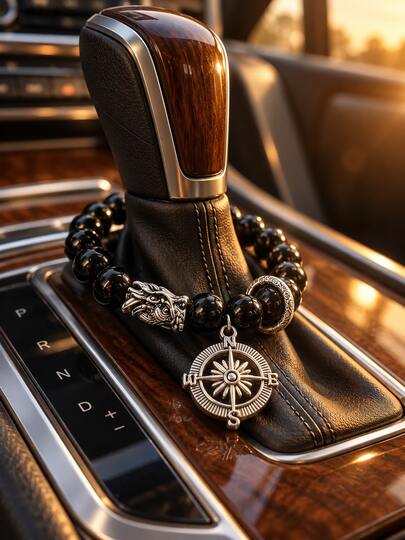 Black Beaded Car Gear Shift Lever Decoration With Silver Compass Sunflower Pendant, Bohemian Style Car Gear Shift Lever Decor, Fashionable Car Interior Accessory, Unique Gift For Car Owners, Drivers, Women And Girls