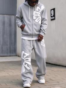 1pc Men's Casual Grey Zip-Up Hoodie Sweatshirt, Side 3D Letter Decor, Drawstring Hood With Front Kangaroo Pocket, Ribbed Cuffs Long Sleeve, Gift For Boyfriend - Light Grey - View 2