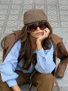1pc Women's Fashion Plaid Woven Anchor Pattern Newsboy Cap, Korean Style, Suitable For Daily Wear And Matching - Coffee Brown - View 6