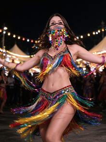 Sequin Tassel Belly Dance Mask, Mesh Veil For Stage Performance, Shiny Party Costume Accessory, Christmas Halloween Theme Outfit - Multiple Styles - View 4