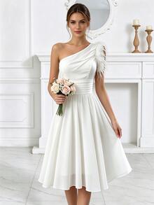 Women's Wedding Bride Gift Party Dress, Chiffon Shoulder Design Party Evening Gown, Feather Cocktail Party Dress, School Formal Dress White Fall - White - View 5