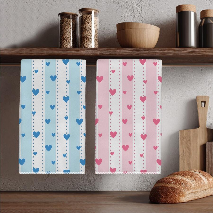 2 chiếc khăn lau bếp họa tiết trái tim sọc xanh & hồng tối giản, khăn lau trà sợi microfiber mềm 40*60cm, phù hợp cho nhà bếp gia đình, nhà hàng, cắm trại ngoài trời, lau bàn, khăn lau bát đĩa, khăn lau tay, phụ kiện dệt may nhà bếp, quà tặng ngày lễ - Nhiều màu - Xem 1