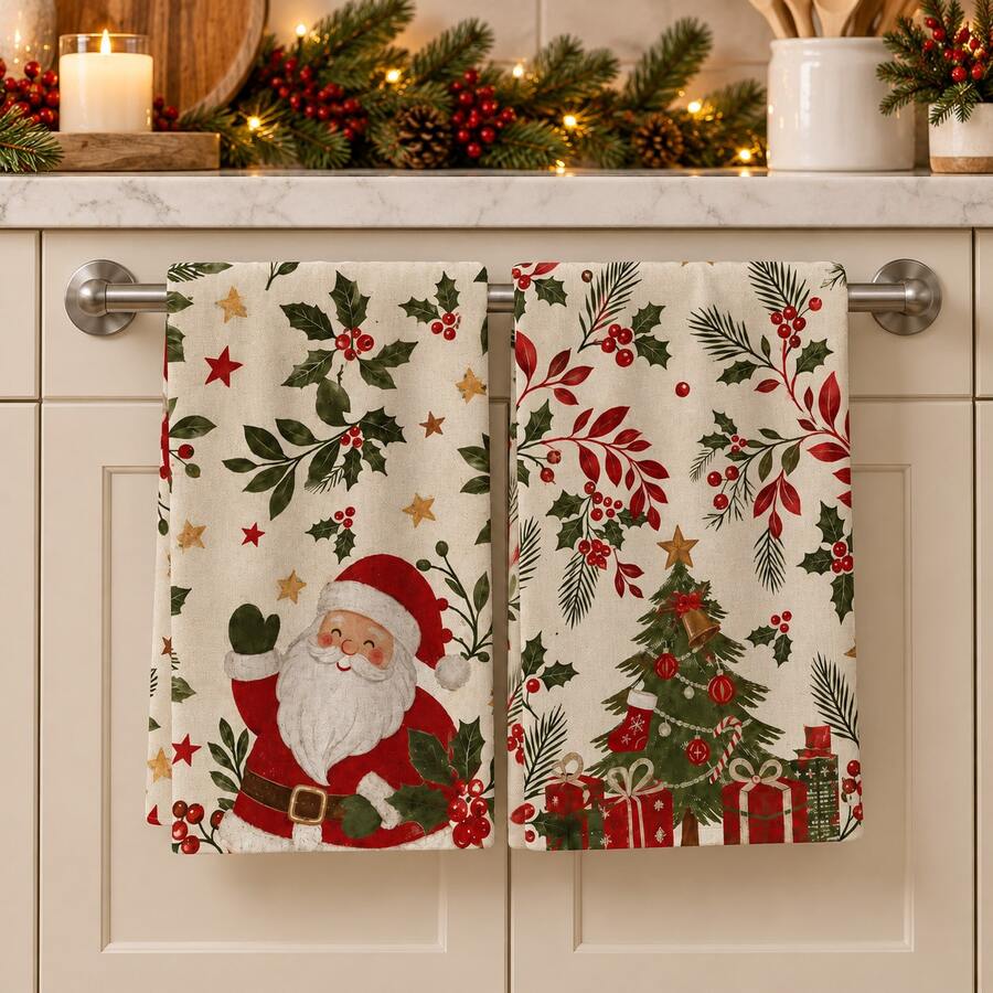 2pcs Santa Claus And Christmas Tree Pattern Kitchen Towels, Illustration Style Printed Hand Towels, Absorbent Cleaning Tea Towels, Suitable For Kitchen, Dining Room, Bathroom Home Decor, Christmas Party Supplies And Holiday Gifts - Multicolor - View 1