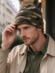 1pc Camouflage Knit Beanie Hat, Men's Warm Autumn/Winter Street Style Knit Cap - Multicolor - View 1