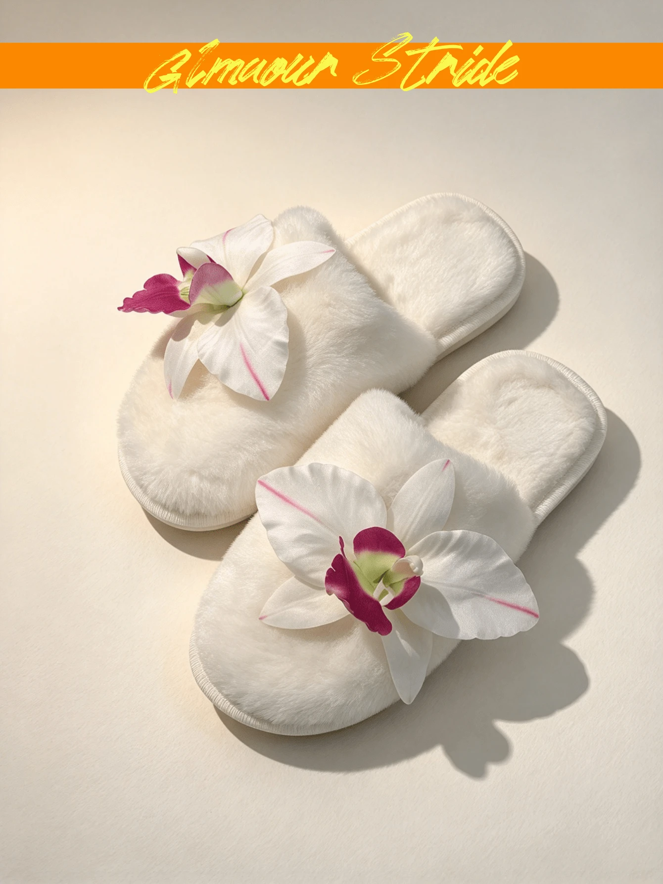 Women's Ivory Fluffy 3D Orchid Slippers, Comfortable Plush Closed-Toe House Slippers, Soft Faux Fur Indoor Bedroom Slippers Durable - Beige - View 1
