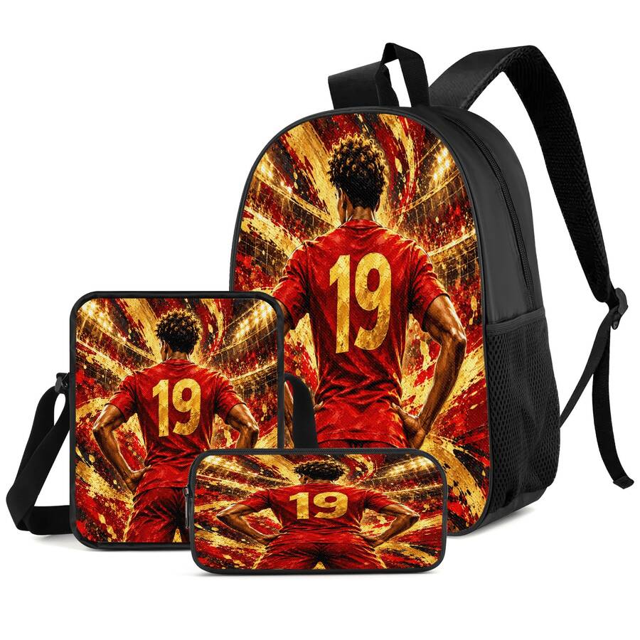 Football Player No.19 Back Print 3 Pieces Set: Large Capacity Backpack + Crossbody Bag + Pencil Case, Adjustable Breathable Shoulder Straps, Modern Fashion Art Style Fan Merchandise Sports Commute Storage Set - Printed Bag - View 1