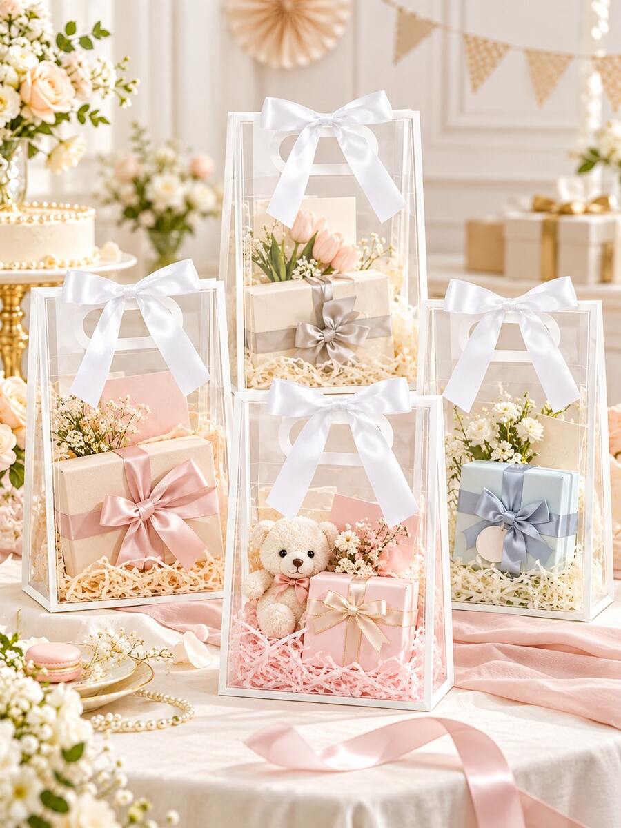 10pcs Reusable Transparent Plastic Gift Bags With Die-Cut Handles, PP Material With Ribbons, Suitable For Christmas, Weddings, Bridal Showers, Birthdays, Baby Showers, Small Businesses, Size: 7x10x3.9 Inches (White)