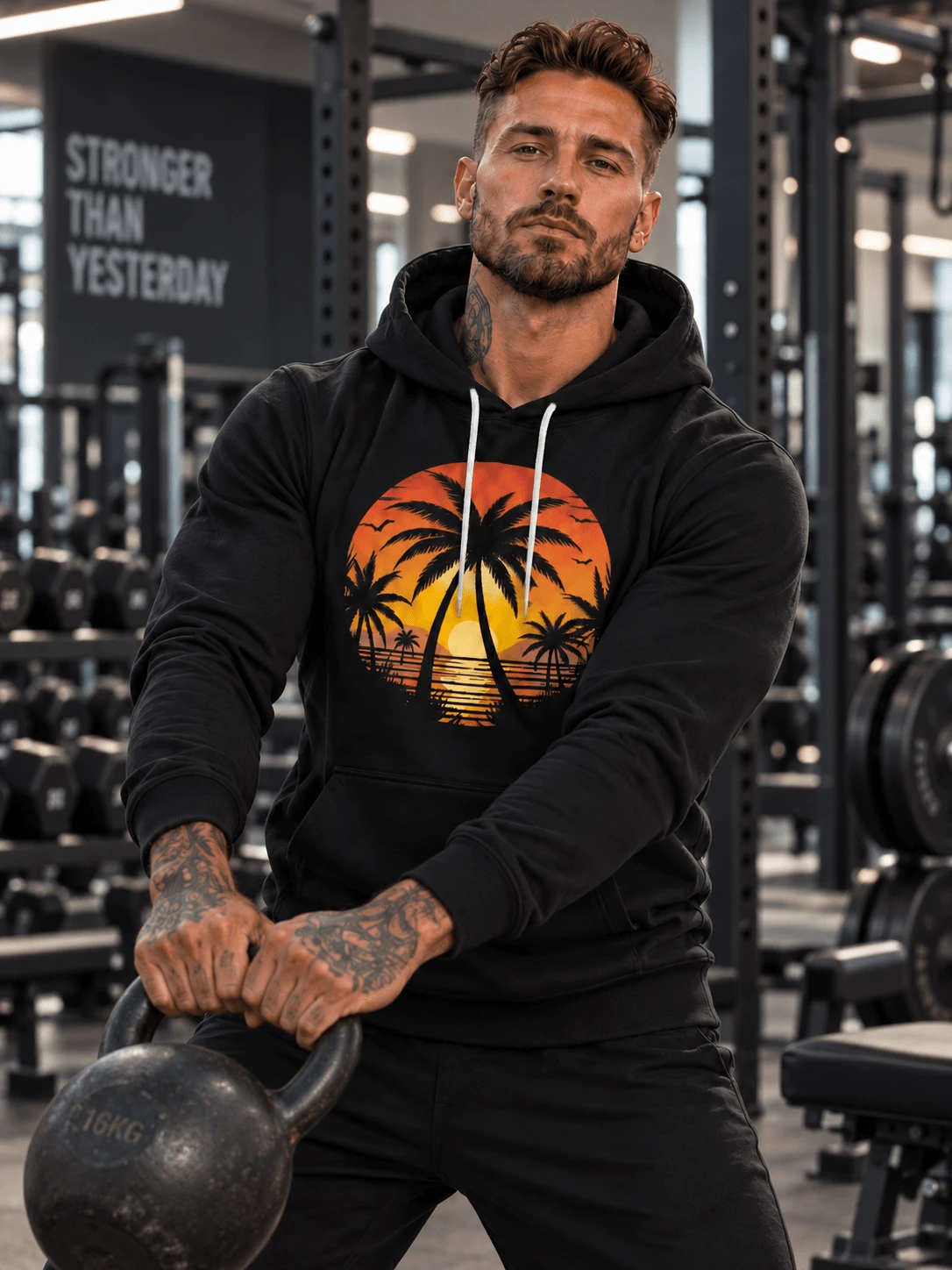 Men's Double-Sided Tropical Sunset Palm Tree Print Drawstring Sweatshirt, Casual Sports Kangaroo Pocket Sweatshirt - Black - View 1