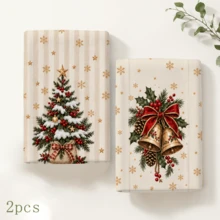 2pcs Christmas Kitchen Hand Towels, Christmas Tree Bell Pine Cone Bow Snowflake Print Towels, Holiday Kitchen Decor, Winter Home Decoration, Christmas Gift Set - Multicolor - View 10