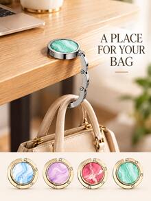 Elegant Round Marble-Pattern Design With Glossy Metal Details, Portable Foldable Metal Tabletop Schoolbag Hook For Students, Handbag Hanger And Bag Hanging Accessory For Classroom Desks, Cafes, Offices, Travel And Birthday Gifts, Key Holder. - Multicolor - View 2