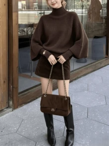 Women's Half-High Neck Batwing Sleeve Knitted Sweater, Loose Waist-Cinching Soft Pullover Top For Autumn/Winter - Black - View 4