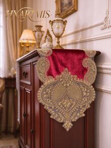 HXARTMIS 1PC French Burgundy Velvet Gold Thread Lace Embroidered Table Runner, European Heavy-Duty Gold Lace Mesh Pointed Dining Table Runner For Wedding, Banquet, Daily Home Decor, Also Suitable For Various Theme Holiday Decorations - Red - View 3
