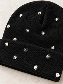 1pc Unisex Punk Style Rivet Knit Beanie, Autumn/Winter Folded Cuff Pullover Knitted Hat, Personalized Spiked Decor Streetwear Beanie, Multiple Colors Available - Multicolor - View 5
