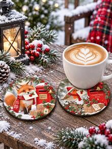 1/4/8pcs Christmas Wooden Coasters Set, Rustic Holiday Drink Coasters With Cute Fox Squirrel Rabbit Cardinal Christmas Mailbox Winter Snow Forest Design, Round Coffee Cup Mats For Home Kitchen Table Decor, Farmhouse Christmas Gift - Multicolor - View 7
