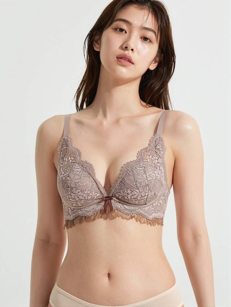 Mystèrelle 日系小胸專用 AB 杯性感蕾絲內衣,厚墊聚攏胸型,側收平滑防下垂,可調節式胸罩 - 淺灰紫 - 查看 1