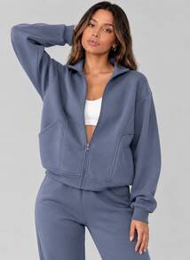 Never me Women's 2 Pieces Sports Set With Stand Collar, Zipper Pockets, Fitness Casual - Dusty Blue - View 6