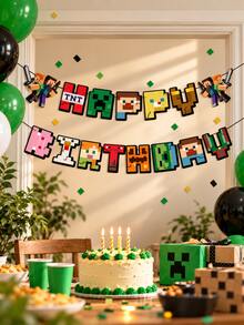 Minecraft Pixel Happy Birthday Banner, Character Letter Garland For Wall Backdrop Party Decoration, Birthday Party Decor - Style 1 - View 2