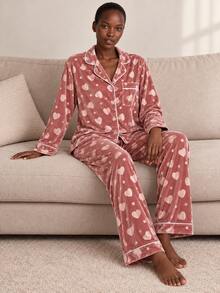 Women's Autumn/Winter Heart & Star Pattern Velvet Trim Front Pocket Long Sleeve Pants Pajama Set Loungewear - Dusty Pink - View 3