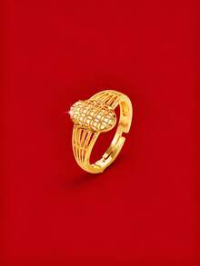 YIYI 1pc Minimalist High-End Gold-Plated Brass Women's Ring, Oval Hollow Mesh Bead Open Ring, Versatile For Daily Wear - Gold - View 1