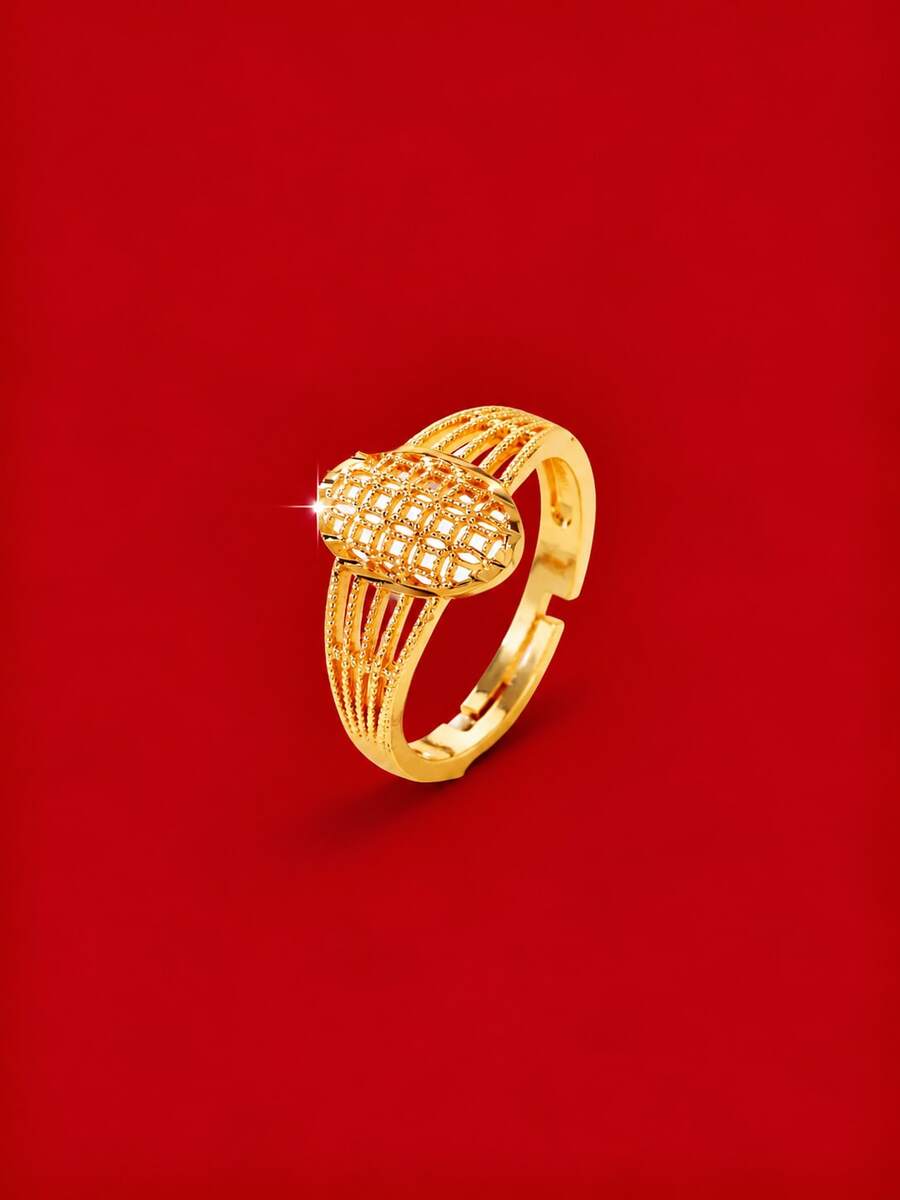 YIYI 1pc Minimalist High-End Gold-Plated Brass Women's Ring, Oval Hollow Mesh Bead Open Ring, Versatile For Daily Wear - Gold - View 1