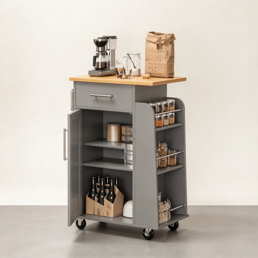 1 Pieza Isla de Cocina Pequeña sobre Ruedas, Carrito de Cocina Gris con 1 Cajón, 1 Gabinete, Estante Lateral de Especias de 3 Niveles y Parte Superior de Madera de Goma, para Cocina y Comedor - Gris - Ver 1