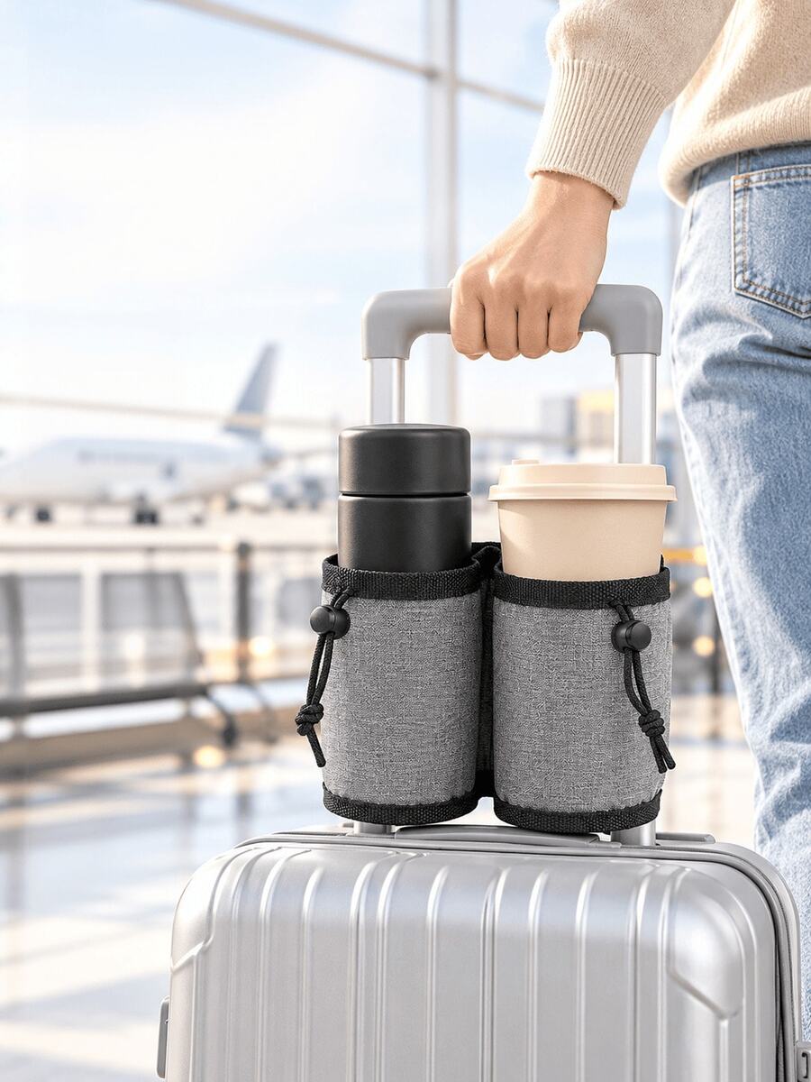 Luggage Handle Cup Holder, Portable Travel Cup Holder Bag With Adjustable Drawstring, Universal Luggage Accessory, Suitable For Travel, Camping Essentials, Vacation Essentials, Beach Trips, Hiking, Graduation And Back To School Trips