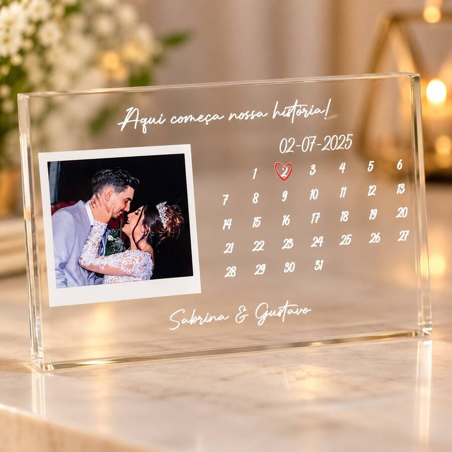 Porta Retrato Calendário Personalizado Bloco de Mesa Acrílico Foto Data Especial Frase Nome Decoração Presente Lembrancinha Aniversário Chá de Panela Casamento Chá de Bebê Nascimento Formatura Batizado Natal