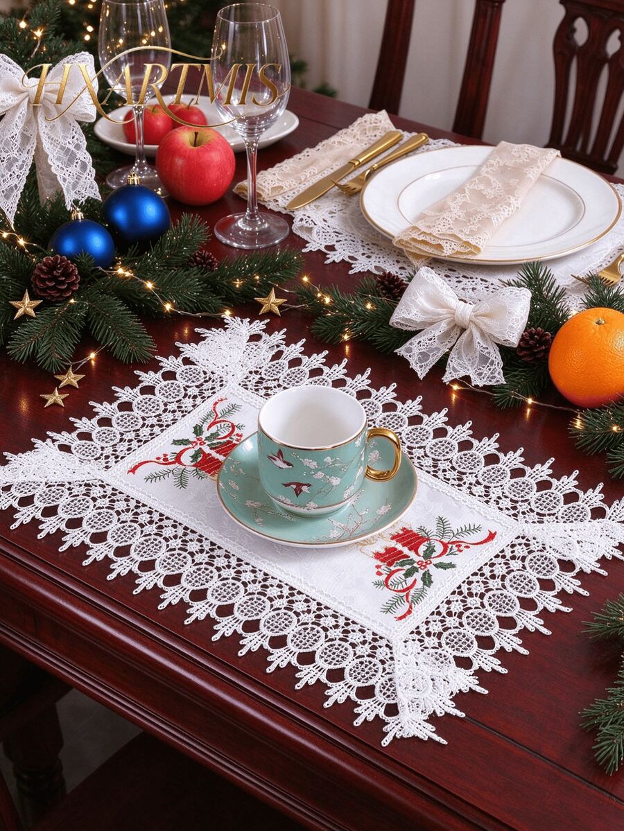 2/4/6pcs Christmas White & Red Embroidered Placemats, Polyester Fiber Rectangular Table Mats, Suitable For Dining Table, Coffee Table, Tea Table, Daily Home Decor, Vase Mat, Wedding, Christmas Holiday Decoration, Holiday Party, Daily Home Decoration - Red - View 1