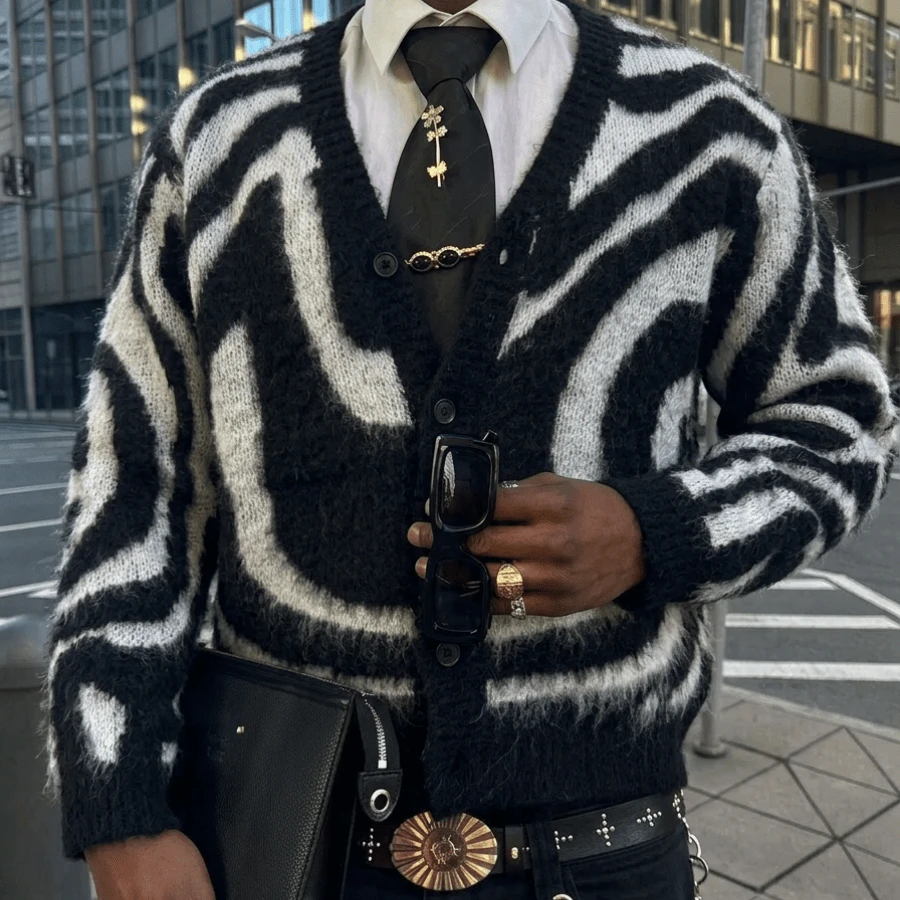 Men's V-Neck Knitted Cardigan Long Sleeve Single-Breasted Top Black & White Wavy Pattern Jacquard Element Autumn/Winter Street Style Layering Outfit Top - Black - View 1