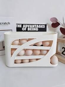 Modern Cream Plastic Egg Storage Rack, Hollow Sloped Multi-Layer Design, Automatic Roll-Out Egg Dispenser, Refrigerator Side-Hanging Egg Storage Box, Household Kitchen Food Storage Container, Space-Saving Egg Rack, Suitable For Daily Kitchen Use - View 10