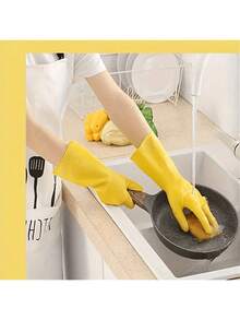 1 Pair Durable Yellow Rubber Household Cleaning Gloves, Waterproof Dishwashing Gloves, Non-Slip Kitchen Gloves, Reusable And Hand Protection, Suitable For Cleaning, Gardening And Multi-Purpose Use - Rubber Gloves - View 8