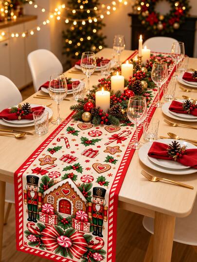 2 Styles Christmas Gingerbread House & Nutcracker Table Runner, Nutcracker Gingerbread House/Gingerbread Candy House Pattern Printed Table Runner, Christmas Dining Table Party Decoration, Long Table Runner