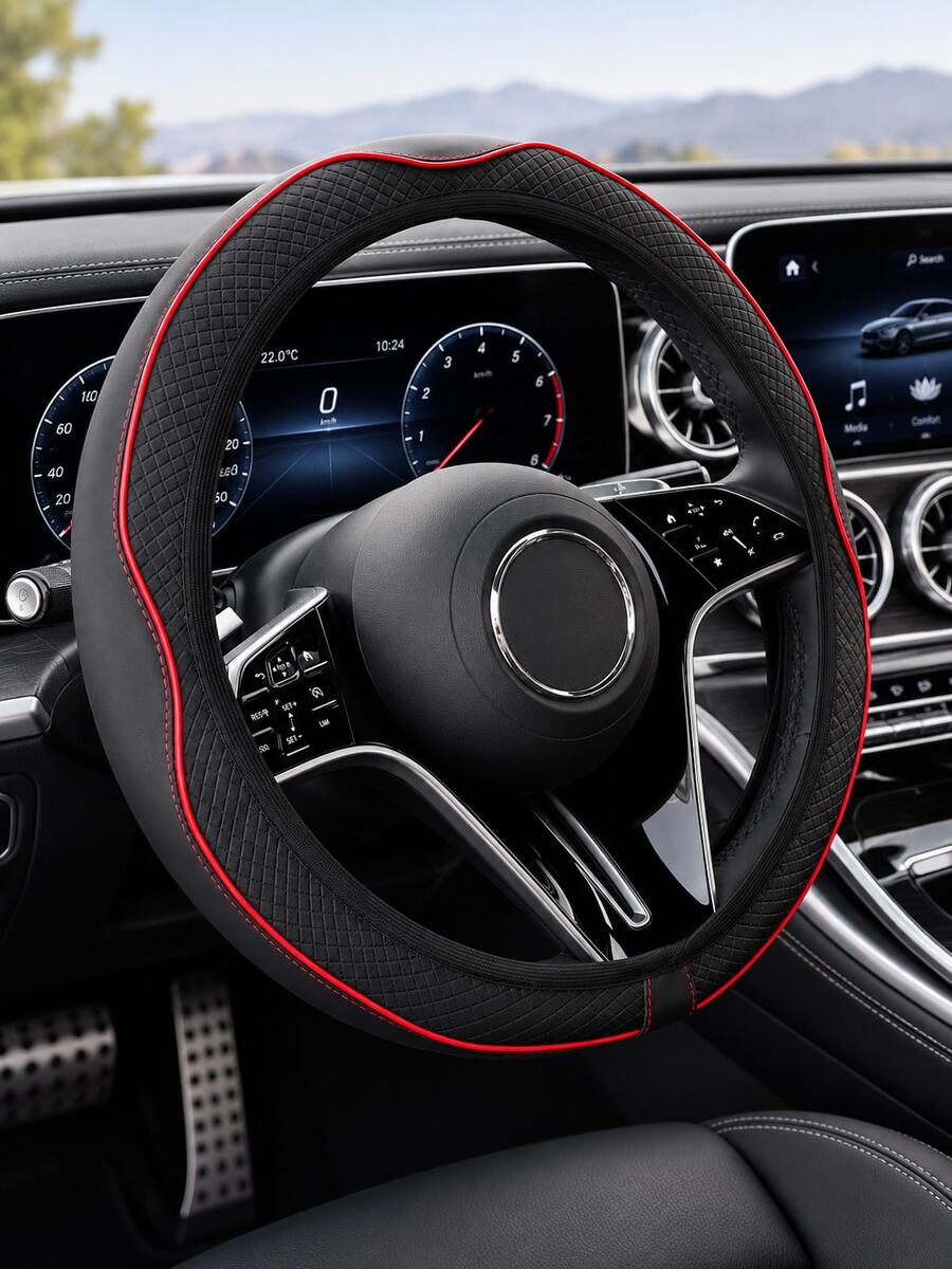 Elastic No‑Inner‑Ring Steering Wheel Cover,15Inch Microfiber Leather Diamond Embossed Car Steering Sleeve,Breathable Anti‑Slip Auto Protector With Color Piping,Fits 37‑38cm Steering Wheel,Multi‑Color Universal Car Interior Accessory
