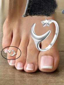 1pc S925 Sterling Silver Cute Minimalist Star & Moon Toe Ring, Fashionable Korean Sweet Casual Adjustable Foot Jewelry For Women - Stars and Moon - View 6