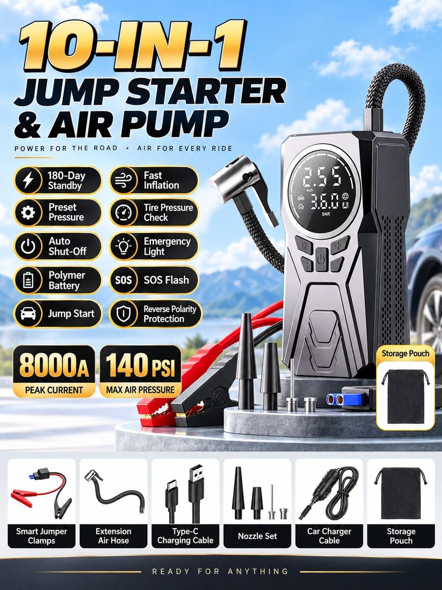Kompresor Udara dan Pompa Pengisi Angin, Pompa Pengisi Angin Ban Portabel untuk Simulator Roda, Pompa Pengisi Angin Ban Digital 140 PSI Portabel untuk Mobil, Pompa Udara Tanpa Kabel dengan Pengukur Digital & Mati Otomatis, Pompa Sepeda Listrik untuk Mobil, Sepeda Motor, Sepeda, dan Bola - Satu ukuran cocok untuk semua. - View 1
