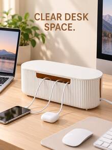 Minimalist Rounded Rectangle Design With Vertical Stripes, Hidden Cable Management Box With Lid And Cable Openings, Desktop Storage Organizer For Power Strips, Chargers And Cables, Suitable For Home Office, Study, Bedroom And Living Room, All Season - Multicolor - View 8